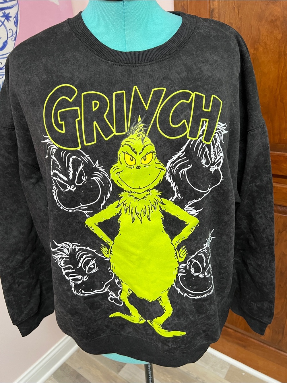 Grinch Graphic Crewneck Sweatshirt - Black with Neon Green Print